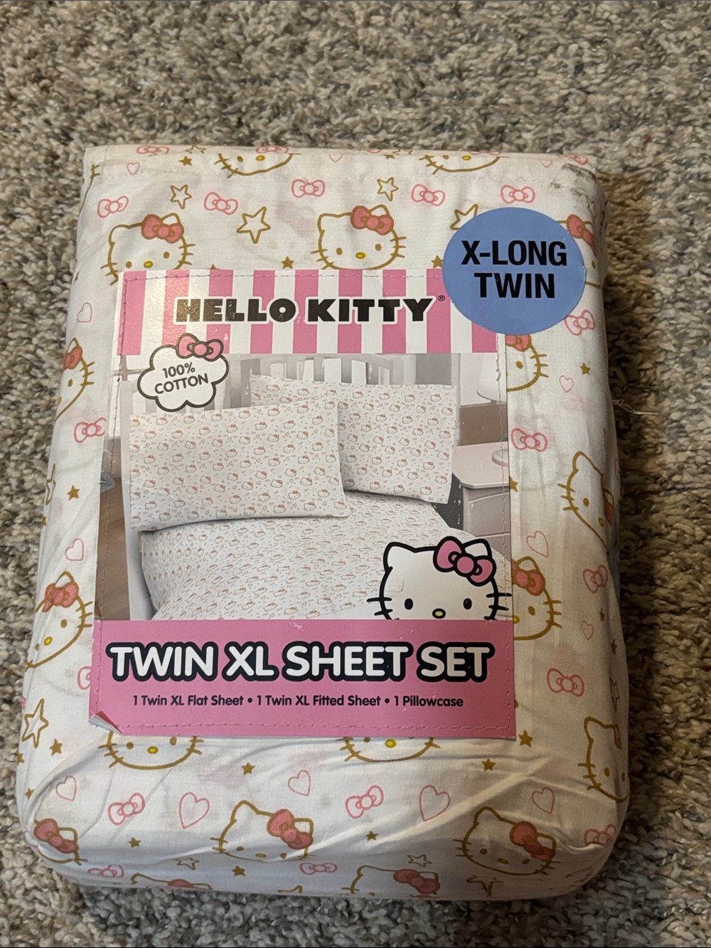 Hello Kitty Twin XL Sheet Set in White, Pink & Gold Accents